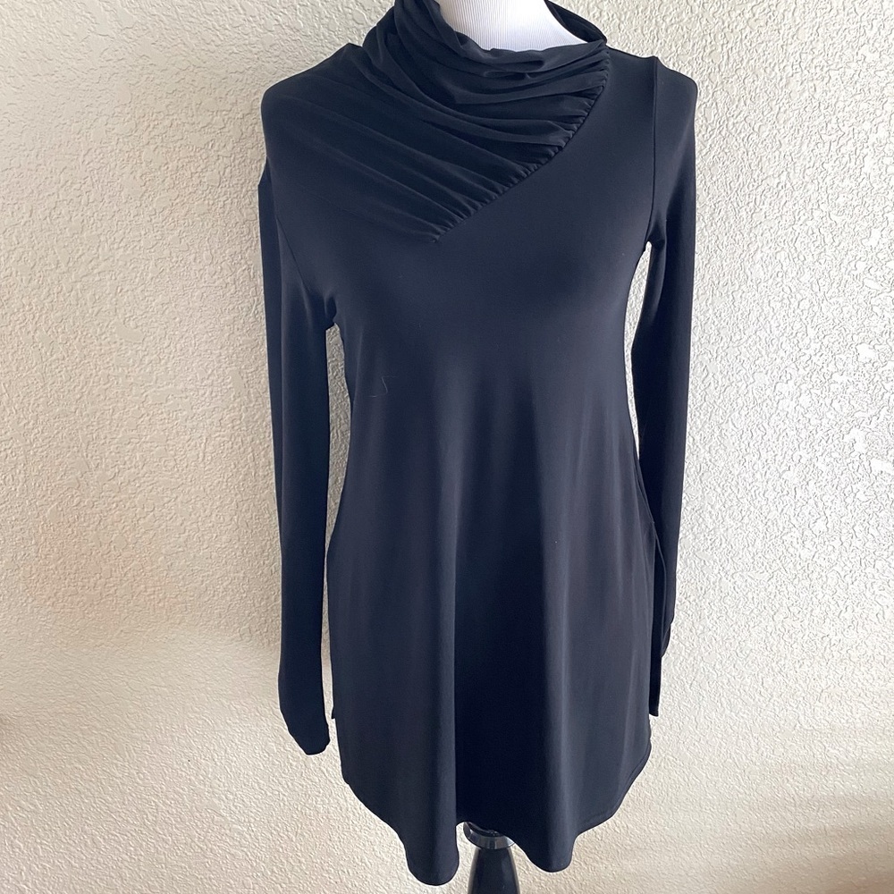 Sympli Blouse Top Long Sleeve Cowl Neck Solid Black Asymmetric Tunic Long Line